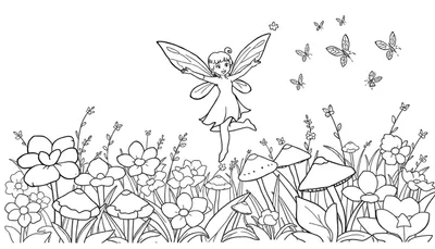 Dessin au trait d'une fée souriante avec des ailes transparentes, entourée de papillons, de fleurs et de champignons, prêt pour un coloriage.