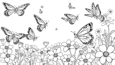 Un dessin au trait de papillons et de fleurs, parfait pour un color panel.