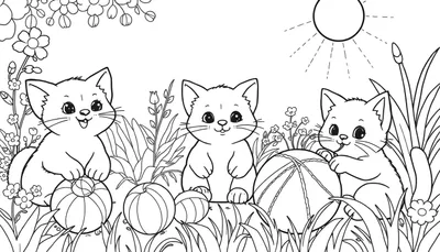 Trois chatons joueurs dans un jardin printanier, avec des balles de laine et un soleil éclatant, pour un color panel.