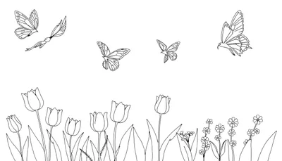 Dessin au trait de papillons et de tulipes, un color panel de la nature.