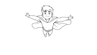 Dessin au trait d'un jeune garçon souriant en costume avec une cape flottante, les bras écartés.
