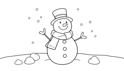 Un bonhomme de neige dessiné au trait noir avec un chapeau haut de forme, une écharpe et des boutons. Des boules de neige et des flocons tombent autour. L'arrière-plan est une pente enneigée. Un color panel est visible.