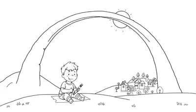 Un garçon joue de la flûte sous un arc-en-ciel, devant un village.