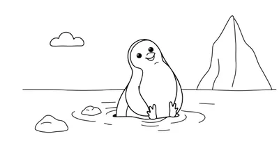 Un dessin au trait d'un pingouin dans l'eau avec un iceberg en arrière-plan, parfait pour un color panel.
