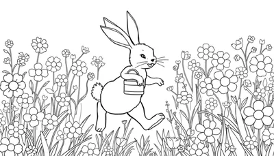 Dessin au trait d'un lapin courant avec un panier, dans un champ de fleurs prêt pour le color panel.