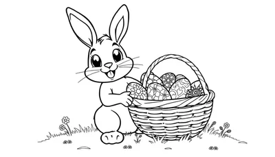 Un lapin de Pâques de style dessin au trait tient un panier d'œufs de Pâques, prêt pour la chasse aux œufs. C'est un dessin au trait noir et blanc destiné au color panel.