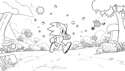 Dessin au trait de Sonic le hérisson courant avec des anneaux et des robots.