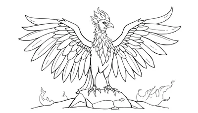 Dessin au trait d'un phénix sur un rocher avec des flammes au sol.