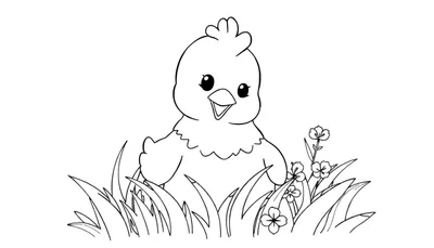 Poussin de dessin animé noir et blanc picorant dans l'herbe et les fleurs, dans un color panel.