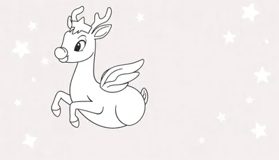 Un mignon renne de Noël avec des ailes, portant une couronne et flottant parmi les étoiles sur un fond beige.