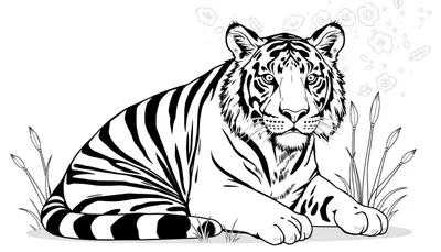 Dessin au trait d'un tigre couché, prêt à être colorisé.