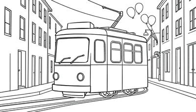 Illustration de livre de coloriage d'un tramway dans une rue de ville avec des ballons dans le ciel, un color panel.