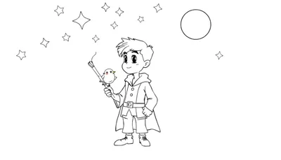 Un jeune garçon en costume de sorcier tenant une baguette avec un oiseau, sous un ciel étoilé avec la lune.