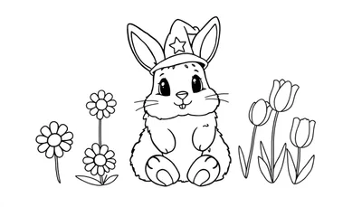 Un lapin mignon portant un chapeau d'étoile dans un panneau de coloriage de jardin.