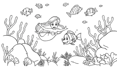 Une sirène souriante nage avec des poissons dans un coloriage sous-marin.