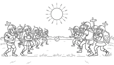 Une équipe d'enfants en armure jouant au football avec un soleil éclatant en arrière-plan, montrant un panneau coloré des uniformes.
