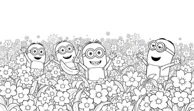 Quatre Minions jaunes joyeux dans un champ de fleurs colorées, avec un color panel visible.