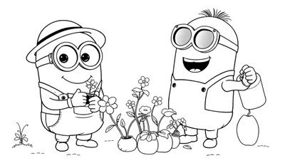 Dessin au trait d'un Minion tenant une plante et d'un Minion tenant un arrosoir, avec des fleurs dans des pots entre eux, comme sur un color panel.