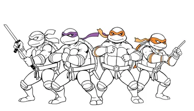 Les quatre Tortues Ninja Adolescentes Mutantes dans un style de dessin animé, alignées côte à côte et prêtes pour l'action.