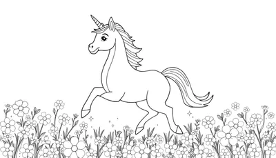 Dessin au trait d'une licorne galopant dans un champ de fleurs, prête pour le coloriage.