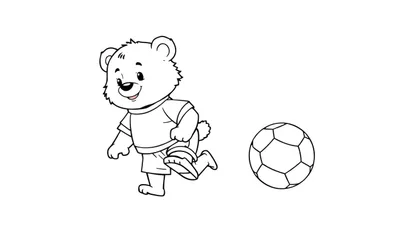 Un ours en peluche mignon jouant au football, colorant le ballon et le terrain.
