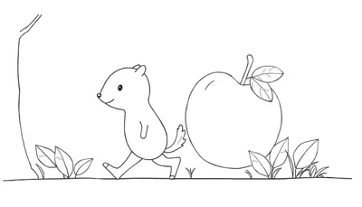 Un écureuil souriant avec une pomme près d'un arbre.