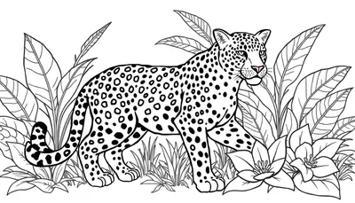 Léopard en noir et blanc avec des feuilles tropicales dans un style dessin au trait pour coloriage.
