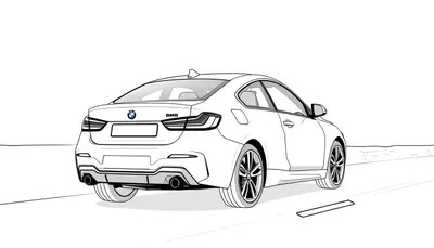 Une voiture BMW de sport vue de l'arrière, style dessin au trait, avec un aileron et deux pots d'échappement, avec un color panel pour la personnalisation.