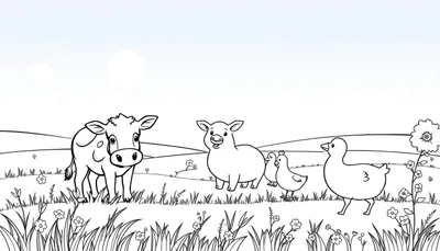 Dessin au trait d'une ferme avec une vache, un cochon, deux poussins et un canard dans un champ, avec un soleil dans le ciel, prêt à être colorié.