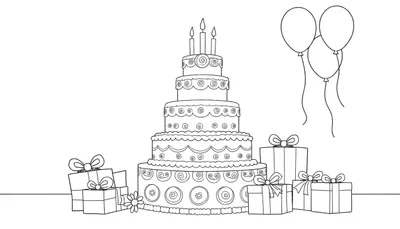 Dessin au trait d'un gâteau d'anniversaire entouré de cadeaux et de ballons, prêt à être colorié.