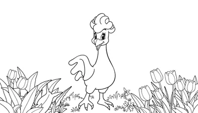 Poule joyeuse dans un jardin avec des tulipes, prête à être colorée.