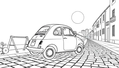 Dessin au trait d'une Fiat 500 classique sur une rue pavée, avec un chevalet et une fleur.