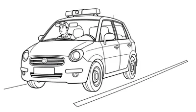 Dessin au trait d'une voiture de police avec un policier, pour un color panel.