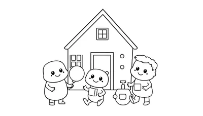 Dessin au trait noir et blanc d'une maison avec trois enfants souriants, illustration de color panel.
