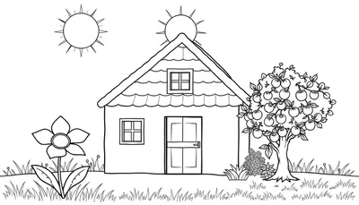 Un dessin au trait d'une maison joyeuse avec un jardin, deux soleils et un pommier. C'est un color panel.