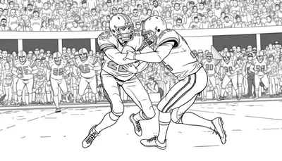 Dessin au trait d'un match de football américain, deux joueurs se disputent le ballon, la foule remplit les gradins.