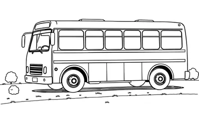 Un bus jaune dessiné au trait, stationné sur de l'herbe avec des buissons, un color panel pour l'imagination.