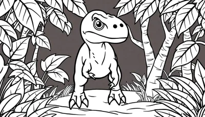 Un petit dinosaure au regard renfrogné dans une jungle, prêt à être colorié.