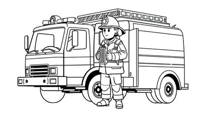 Un pompier dessiné se tient devant un camion de pompiers, prêt à colorier.