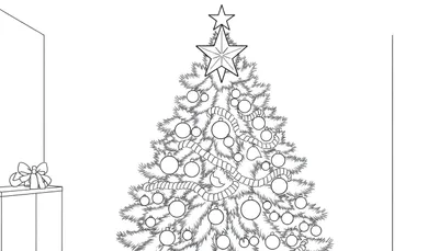 Dessin au trait d'un sapin de Noël décoré avec des boules, une guirlande et une étoile, à côté d'un cadeau sur une table.
