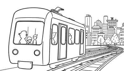 Un dessin au trait simple d'un train de métro traversant une ville, avec des passagers visibles à travers les fenêtres. Le paysage urbain et les arbres sont visibles à l'horizon. Ce dessin est un color panel.
