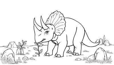 Dessin au trait d'un Tricératops se nourrissant d'une plante dans un paysage naturel, style coloriage.