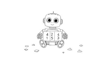 Un robot rond et amical avec une antenne tient une tablette à colorier affichant des chiffres, entouré de formes géométriques.