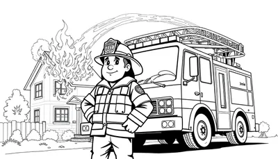 Un pompier souriant utilise un tuyau pour éteindre un feu sur une maison, avec un camion de pompiers à côté.
