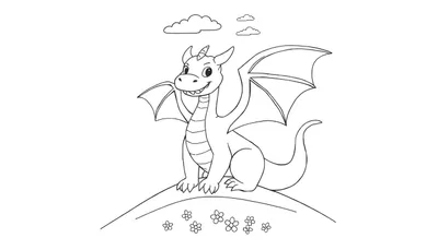 Dessin au trait d'un petit dragon mignon assis sur une colline, avec des ailes déployées et un sourire.