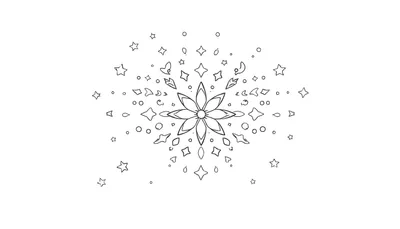 Illustration en noir et blanc d'une composition décorative avec une fleur centrale à huit pétales et des étoiles et des losanges autour, un color panel.
