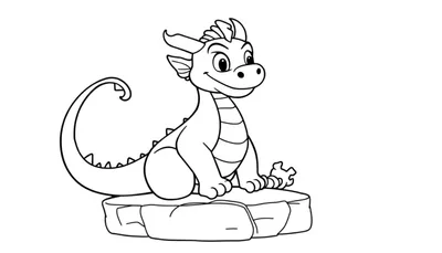 Un adorable petit dragon dessiné dans un style cartoon, assis sur un bloc, souriant et prêt pour l'aventure.