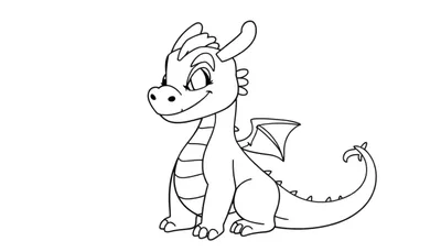 Un mignon petit dragon de dessin au trait, Mushu, assis avec un sourire, des ailes triangulaires et une queue recourbée, prêt à être colorisé.