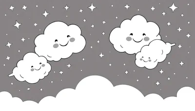 Un ciel nocturne gris avec des nuages souriants constellé d'étoiles brillantes.
