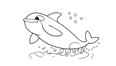 Page à colorier en noir et blanc d'une baleine orque souriante sautant hors de l'eau avec des bulles.